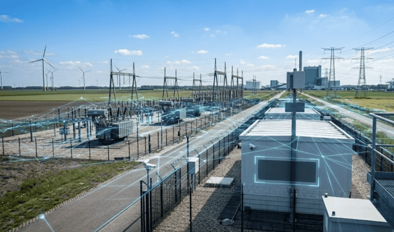 Abstracte weergave van een beveiligd Private 5G netwerk over vitale energie-infrastructuur conform de Wwke zorgplicht.